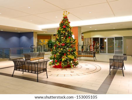 Christmas, xmas tree in the lobby. Interior design.