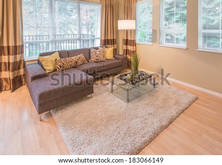 Luxury living room with sofa, couch and coffee table with some  decorations on it. Interior design.