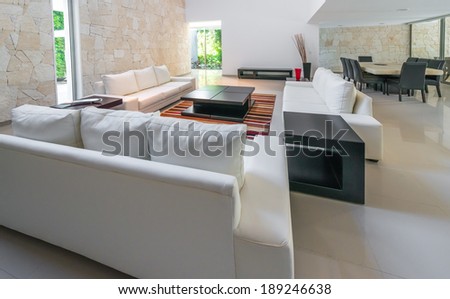 Luxury modern living suite : lounge, living room and dining room at the back. Interior design.g