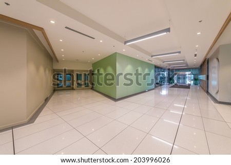 Perspective of the modern lobby, hallway of the five stars luxury hotel, shopping mall, business center in Vancouver, Canada. Interior design.