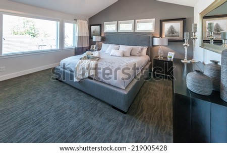 Modern comfortable, nicely decorated and elegant luxury master bedroom. Interior design.