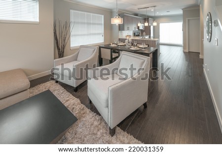 Outlook at the luxury modern living suite : family room  with two chairs  and the kitchen at the back. Interior design of a brand new house. Vertical.