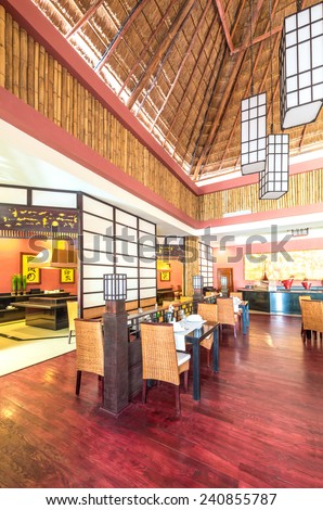 Oriental  style interior of the asian, japanese restaurant. Interior design. Vertical.