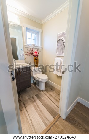 Nicely decorated modern washroom, bathroom with the toilet sit, sink and some flowers in the vase. Interior design. Vertical.