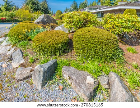 Flowers and stones in front of the house, front yard. Landscape design.