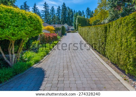 Paved driveway to the  custom made luxury house with nicely landscaped and trimmed front yard in the suburbs of Vancouver, Canada.