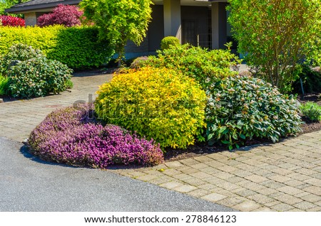 Trimmed bushes, flowers and stones in nicely decorated front yard of the house. Landscape design.