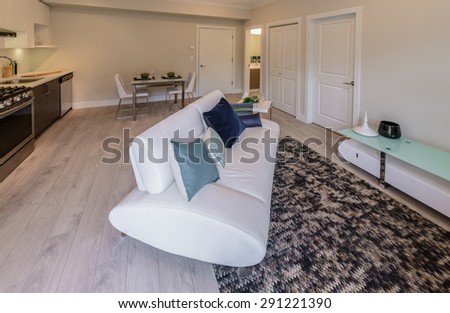 Couch, sofa in the family, living room with the dining table and luxury modern kitchen at the back. Interior design.
