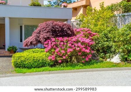Flowers, nicely trimmed bushes and stones in front of the house, front yard. Landscape design.