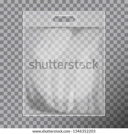 Empty transparent blank plastic bag mock up isolated. Consumer pack ready for logo design or identity presentation. Commercial product food packet handle for your design 商業照片 © 
