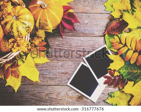 Autumn background with colorful leaves and pumpkins on rustic wooden board. Creating fall season memories with retro photo cards of photo frames. Thanksgiving and Halloween holidays concept. Copyspace