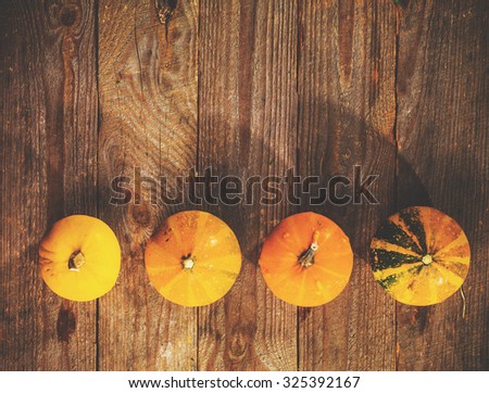 Autumn background with pumpkins on rustic wooden board. Thanksgiving and Halloween holidays concept. Harvest rural fall season. Space for your text.