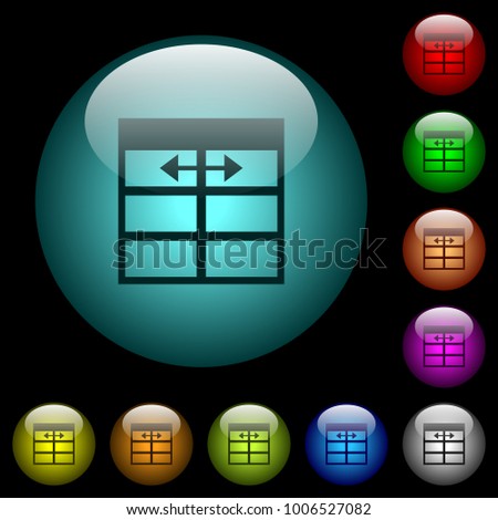 Spreadsheet adjust table column width icons in color illuminated spherical glass buttons on black background. Can be used to black or dark templates