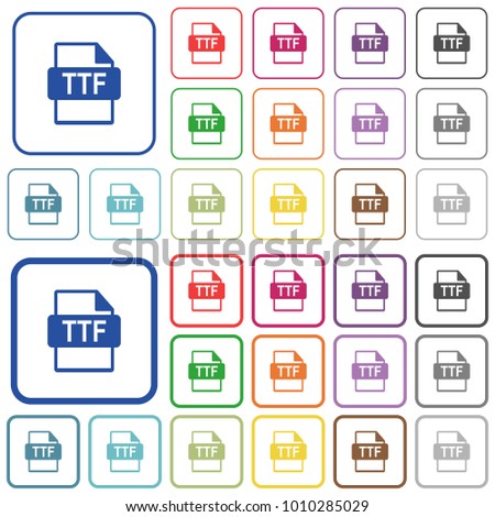 TTF file format color flat icons in rounded square frames. Thin and thick versions included.