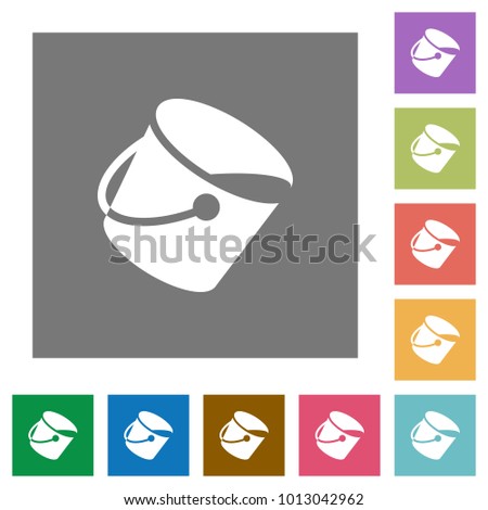 Paint bucket flat icons on simple color square backgrounds