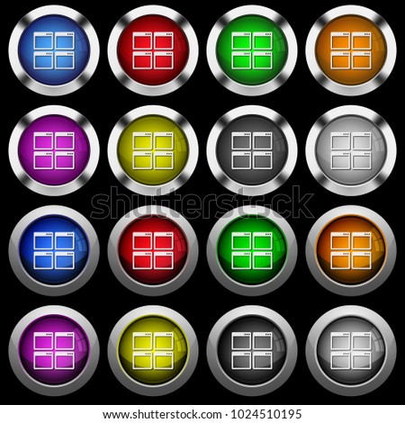 Mosaic window view mode white icons in round glossy buttons with steel frames on black background.