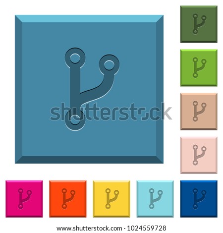 Code fork engraved icons on edged square buttons in various trendy colors