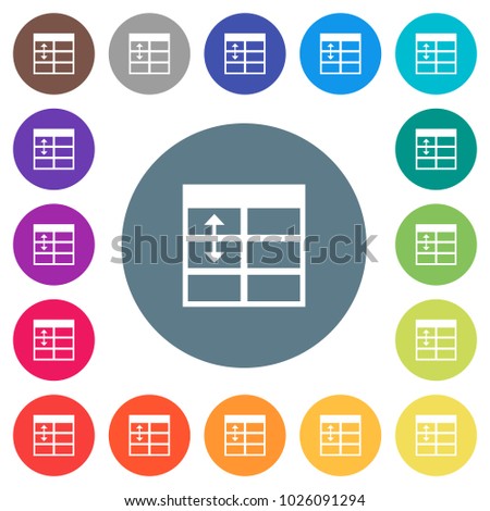 Spreadsheet adjust table row height flat white icons on round color backgrounds. 17 background color variations are included.