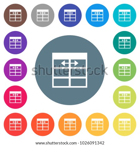 Spreadsheet adjust table column width flat white icons on round color backgrounds. 17 background color variations are included.