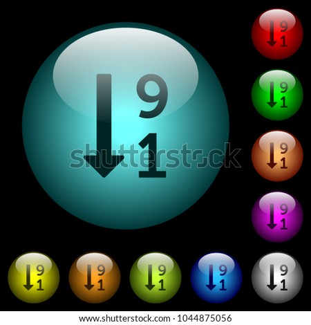 Descending numbered list icons in color illuminated spherical glass buttons on black background. Can be used to black or dark templates