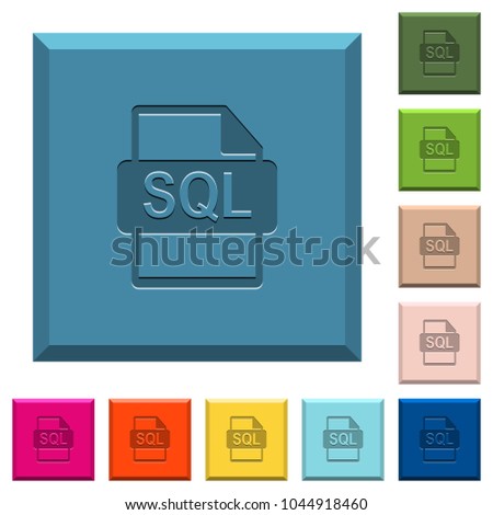 SQL file format engraved icons on edged square buttons in various trendy colors