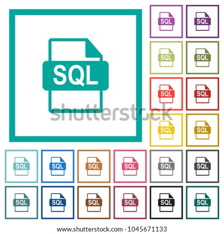 SQL file format flat color icons with quadrant frames on white background