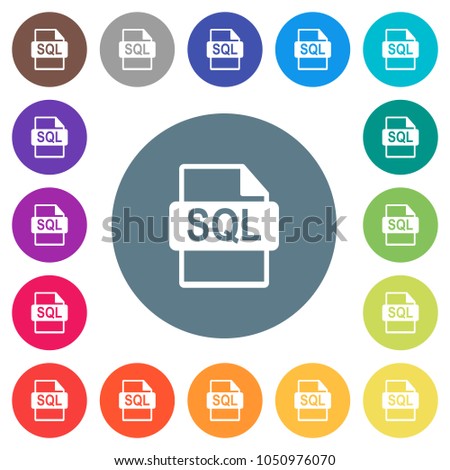 SQL file format flat white icons on round color backgrounds. 17 background color variations are included.