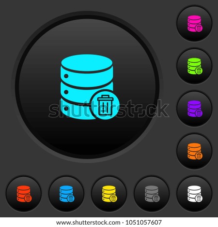 Delete from database dark push buttons with vivid color icons on dark grey background