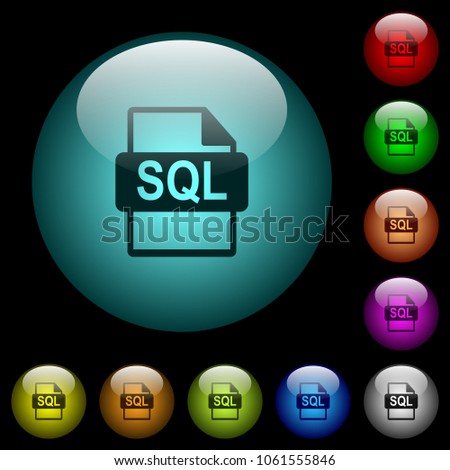 SQL file format icons in color illuminated spherical glass buttons on black background. Can be used to black or dark templates