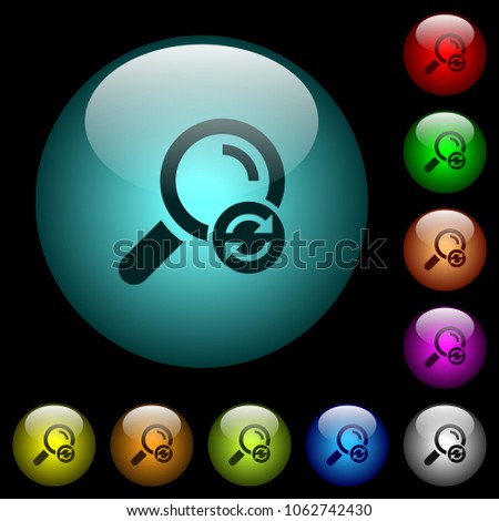 Reset search icons in color illuminated spherical glass buttons on black background. Can be used to black or dark templates