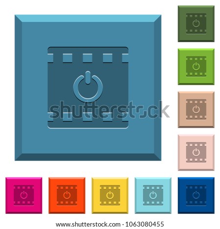 End movie engraved icons on edged square buttons in various trendy colors