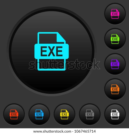 EXE file format dark push buttons with vivid color icons on dark grey background