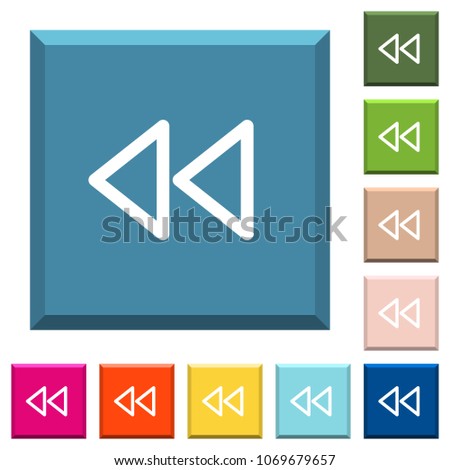 Media fast backward white icons on edged square buttons in various trendy colors