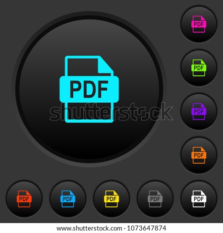 PDF file format dark push buttons with vivid color icons on dark grey background