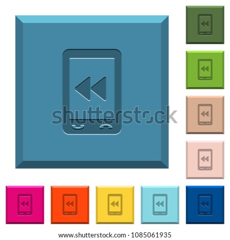Mobile media fast backward engraved icons on edged square buttons in various trendy colors