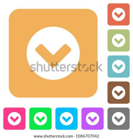 Chevron down flat icons on rounded square vivid color backgrounds.