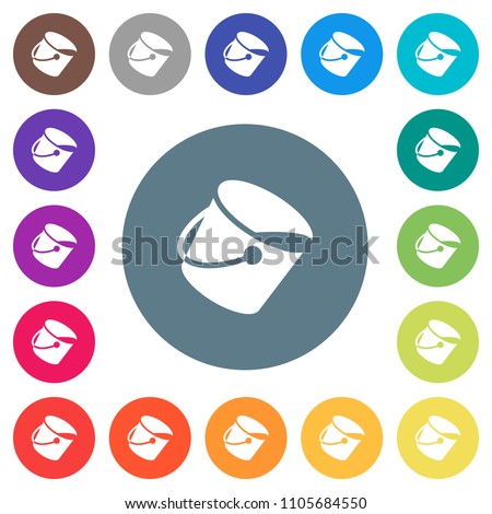 Paint bucket flat white icons on round color backgrounds. 17 background color variations are included.
