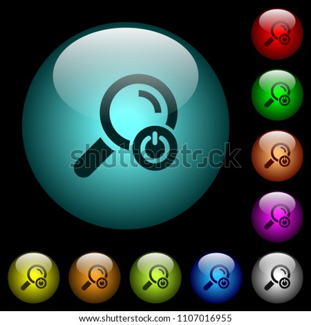 Exit from search icons in color illuminated spherical glass buttons on black background. Can be used to black or dark templates