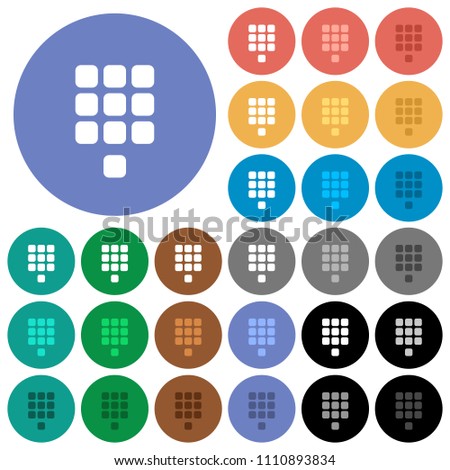 Dial pad multi colored flat icons on round backgrounds. Included white, light and dark icon variations for hover and active status effects, and bonus shades on black backgounds.