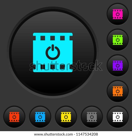 End movie dark push buttons with vivid color icons on dark grey background