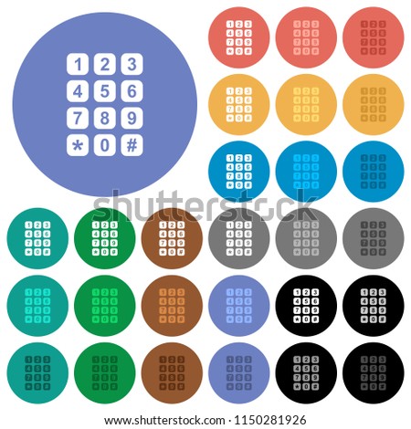 Numeric keypad multi colored flat icons on round backgrounds. Included white, light and dark icon variations for hover and active status effects, and bonus shades on black backgounds.