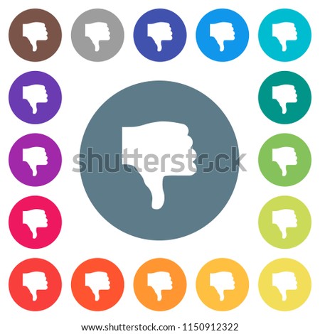 Thumbs down flat white icons on round color backgrounds. 17 background color variations are included.