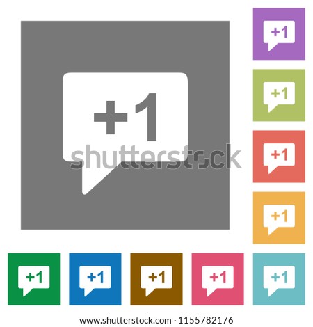 Plus one sign flat icons on simple color square backgrounds