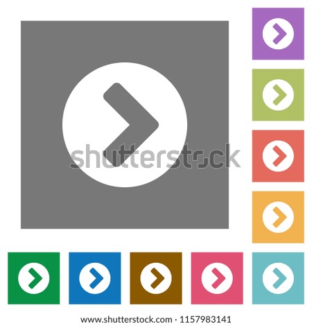 Chevron right flat icons on simple color square backgrounds