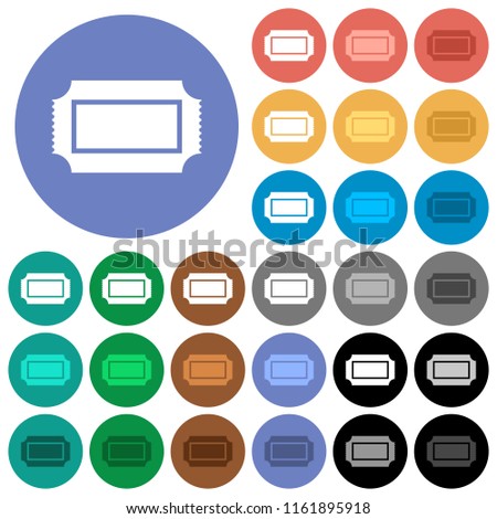 Ticket with perforated edges multi colored flat icons on round backgrounds. Included white, light and dark icon variations for hover and active status effects, and bonus shades on black backgounds.