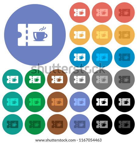 Coffee house discount coupon multi colored flat icons on round backgrounds. Included white, light and dark icon variations for hover and active status effects, and bonus shades.