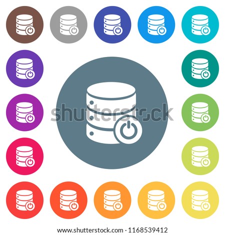 Database main switch flat white icons on round color backgrounds. 17 background color variations are included.