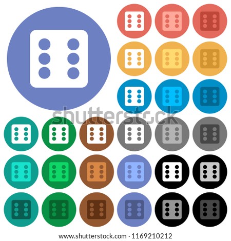 Dice six multi colored flat icons on round backgrounds. Included white, light and dark icon variations for hover and active status effects, and bonus shades.
