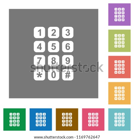 Numeric keypad flat icons on simple color square backgrounds
