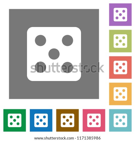 Dice five flat icons on simple color square backgrounds